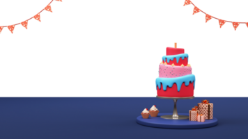 3D Layered Delicious Cake With Lit Candle Over Table With Gift Boxed, Cupcakes, Bunting Flags And Copy Space. png