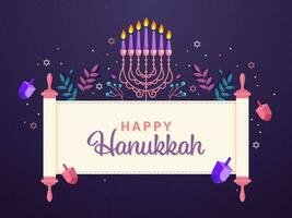 Happy Hanukkah Scroll Paper Banner With Lit Candelabra, Leaves, Dreidels, Star Of David Decorated On Purple Background. vector