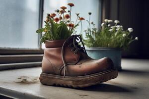 , Old boot with meadow spring flowers, handmade shoe planter. Environmental activism concept photo