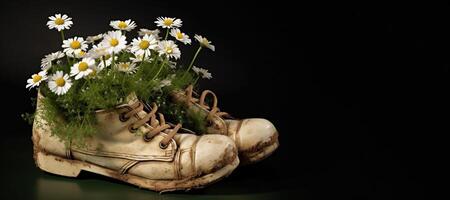 , Old boot with meadow spring flowers, handmade shoe planter. Environmental activism concept photo