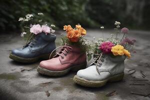 , Old boot with meadow spring flowers, handmade shoe planter. Environmental activism concept photo