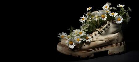 , Old boot with meadow spring flowers, handmade shoe planter. Environmental activism concept photo