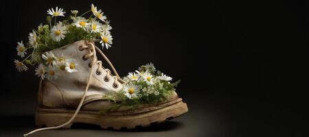 , Old boot with meadow spring flowers, handmade shoe planter. Environmental activism concept photo