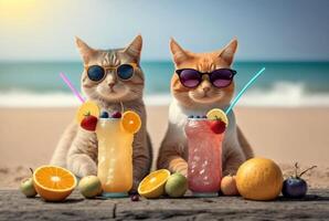 Pareja de gatos vistiendo lentes con Fresco jugo y frutas en playa fondo verano concepto foto. generativo ai foto