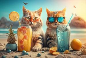 Pareja de gatos vistiendo lentes con Fresco jugo y frutas en playa fondo verano concepto foto. generativo ai foto