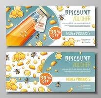 Set of banners with honey products. Discount coupon for honey shop. Bank of honey, bees, honeycombs. Natural useful products. Sweet dessert.Vector illustration. vector