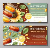 Set of banners with honey products. Discount coupon for honey shop. Bank of honey, bees, sunflower. Natural useful products. Sweet dessert.Vector illustration vector