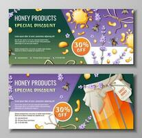 Set of banners with honey products. Discount coupon for honey shop. A jar of honey, bees, lavender. Natural useful products. Sweet dessert.Vector illustration. vector