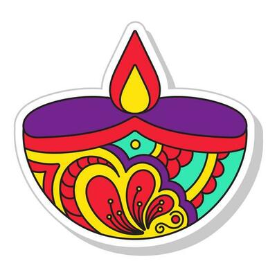 Beautiful Filigree Diya Colorful Icon In Sticker Style.