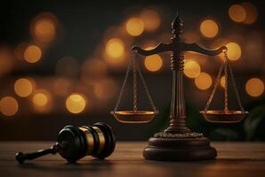 Judge's gavel and Scales of Justice with bokeh background. Judicial law concept, photo