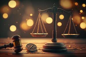 Judge's gavel and Scales of Justice with bokeh background. Judicial law concept, photo