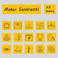 Isolated 15 Makar Sankranti Icon Set In Yellow Square Background. vector