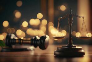 Judge's gavel and Scales of Justice with bokeh background. Judicial law concept, photo