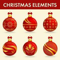 Glossy Golden And Red Christmas Baublle In Different Pattern Element Set Over Peach Background. vector