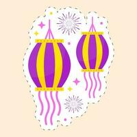 Purple And Yellow Kandils Hang With Fireworks Background In Sticker Style. vector