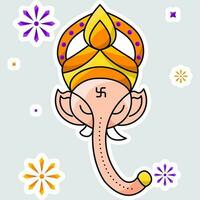 Sticker Style Ganesha Face Against Fireworks Background. vector