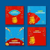 Set Of Social Media Post Or Template Design With Golden Coins Pot, Lit Oil Lamps Hang On Blue And Red Background For Happy Dhanteras Concept. vector