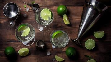 Gimlet Kamikaze cocktail in martini glasses with lime slice and ice on wooden background with fresh limes and strainer with shaker, Genartive ai photo