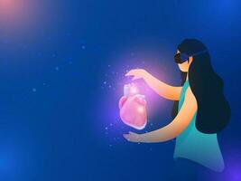 Young Woman Protecting Human Organ Heart Through VR Box On Blue Lights Effect Background. vector