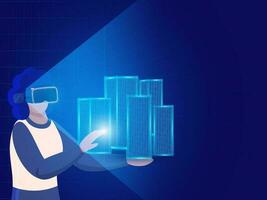 Architect Woman Interacting With Buildings Through VR Box On Blue Background. vector