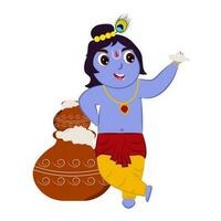 Cheerful Cartoon Bal Gopal Showing Makhan Against Stack Matki Flat Vector. vector