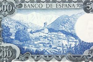 View of Canigou mountain with village of Vignolas d'Oris from Spanish money photo