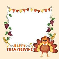 Happy Thanksgiving Background With Turkey Bird, Grapevines, Wheat Ears and Text Space for your Message. vector