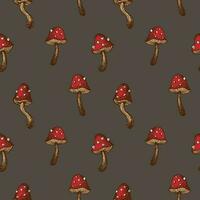 Seamless repeating pattern with fly agaric mushrooms on a dark background. Forest ornament with red mushrooms. Boho style. Drawn by hand. For textiles, polygraphy .Background vector illustration