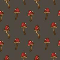 Seamless repeating pattern with fly agaric mushrooms on a dark background. Forest ornament with red mushrooms. Boho style. Drawn by hand. For textiles, polygraphy .Background vector illustration