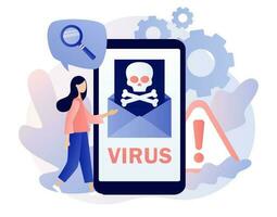 Computer virus. Envelope with skull on smartphone screen. Hacker attack and web security. Scam alert. Spam, malicious application.Modern flat cartoon style. Vector illustration on white background