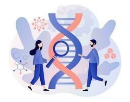 Biotechnology concept. Tiny people study dna use microscope. Science, laboratory research, genetic testing, chemical, GMO, bioengineering and organism. Modern flat cartoon style. Vector illustration