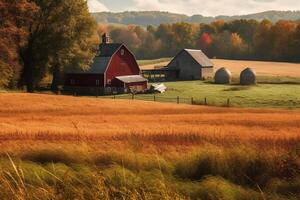 un pacífico campo escena con un rojo granero en el distancia rodeado por campos de heno y vacas pasto perezosamente. ai generado foto