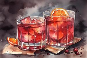 Hand drawn watercolor cocktails americano negroni old fashioned. photo