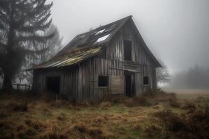 un antiguo abandonado granero en el brumoso lluvia de el campo de el Pacífico noroeste. ai generado foto