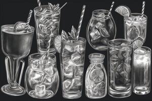 Set of hand drawn cocktails with garnishments straws ice cubes variety of drinking glasses graphite pencil. photo