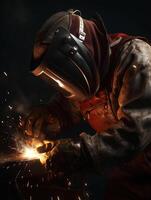 Welder welding metal, high detail, cinematic lighting, widescreen, dark background with copper colored splashes and metal springs, generative ai photo