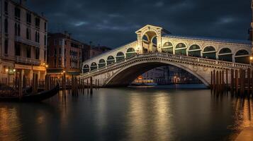 Rialto bridge, View of Venice Grand Canal with gandola. Architecture and landmarks of Venice. generative ai photo
