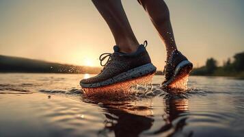 sport runner feet running on sunset lake closeup on shoe, photo