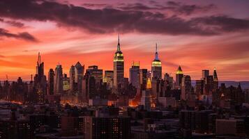 increíble panorama ver de nuevo York ciudad horizonte y rascacielos a puesta de sol. hermosa noche ver en centro de la ciudad manhatton, generativo ai foto