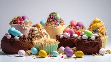 Delicious Easter cakes and eggs on white background, photo