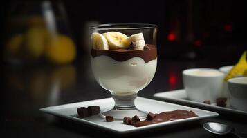 Panna cotta. Milk dessert with chocolate and banana in a glass, photo