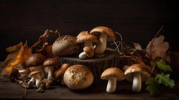 Variety of uncooked wild forest mushrooms yellow boletus, birch mushrooms, russules over dark textured background. Rustic style, natural day light. photo
