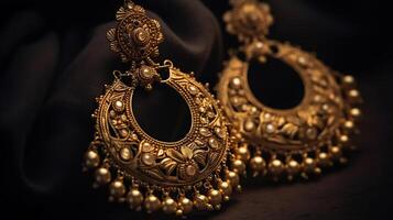 Beautiful Indian Antique Golden pair of earrings, Luxury female jewelry, Indian traditional jewellery,Indian jewelry Bridal earrings wedding jewellery heavy party earrings, photo