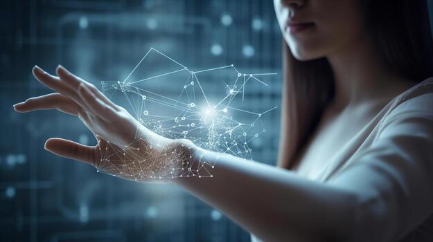 Big Data concept. Digital neural network. Business woman hand touching Introduction of artificial intelligence. Cyberspace of future.Science and innovation of technology, photo