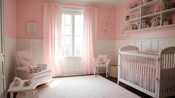 acogedor guardería con ligero rosado paredes y blanco revestimiento de madera, generativo ai foto