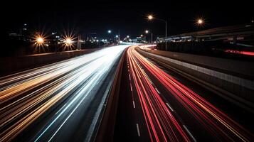 tráfico en un autopista terminado pasar o trasvolar con movimiento borroso cabeza luces, generativo ai foto