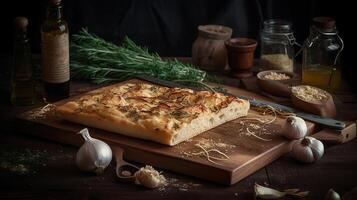 Board with tasty Italian focaccia, onion, spices and knife, photo