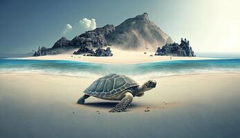A sea turtle crawling on the sandy beach with a mountain in the background. . photo