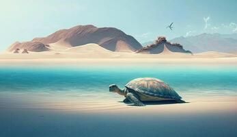 A sea turtle crawling on the sandy beach with a mountain in the background. . photo