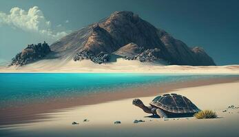 un mar Tortuga gateando en el arenoso playa con un montaña en el antecedentes. ai generado. foto